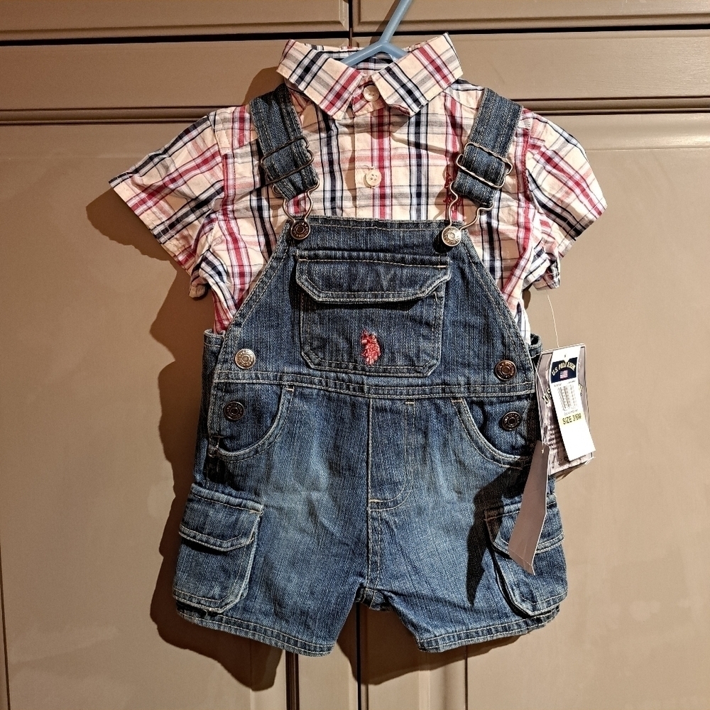 US POLO ASSN. 2 piece shortall boys set 3/6 months NWT